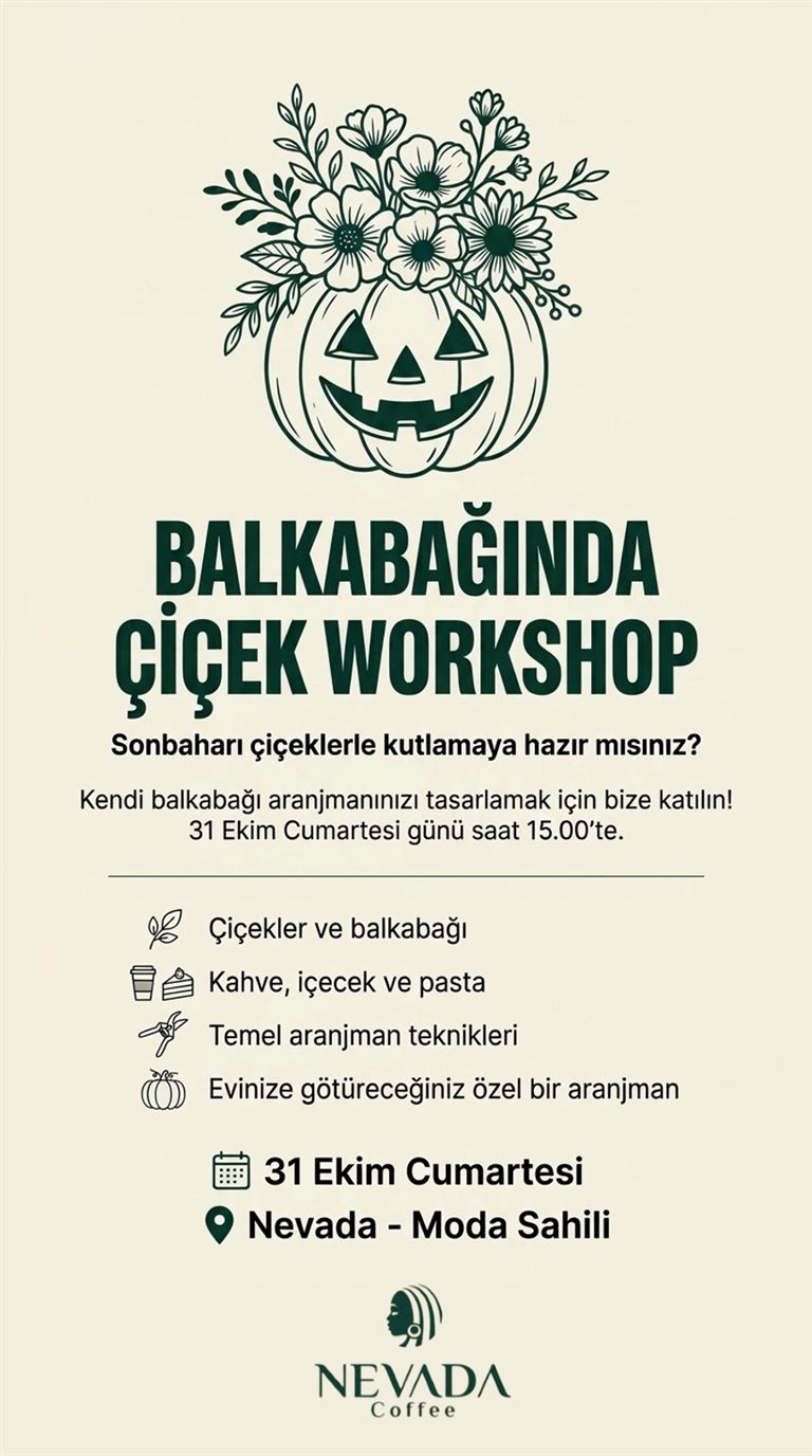 Balkabağında Çiçek Workshop afişi: 31 Ekim Cumartesi 15:00, Nevada Moda Sahili